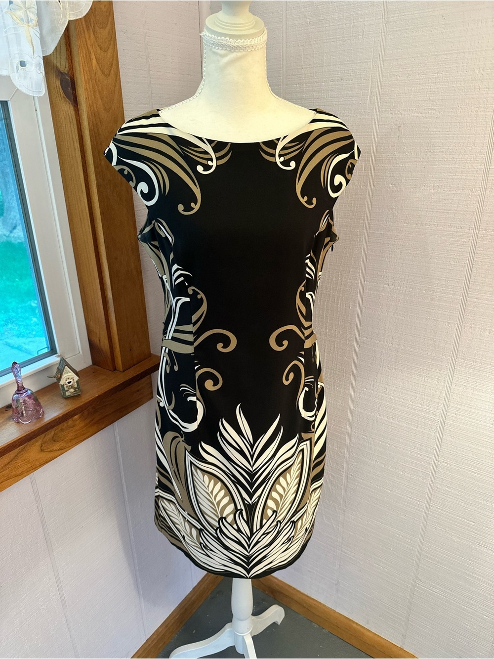 London Times Black Dress with Cream Ornamental Print
